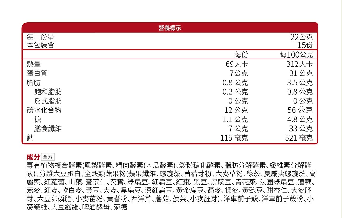 穀樂拌粉狀食品營養標示